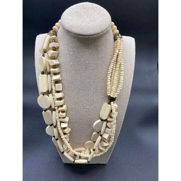 Vintage Bone Multi-strand Necklace Matching Pierced Earrings Individual Beads - Picture 2 of 8
